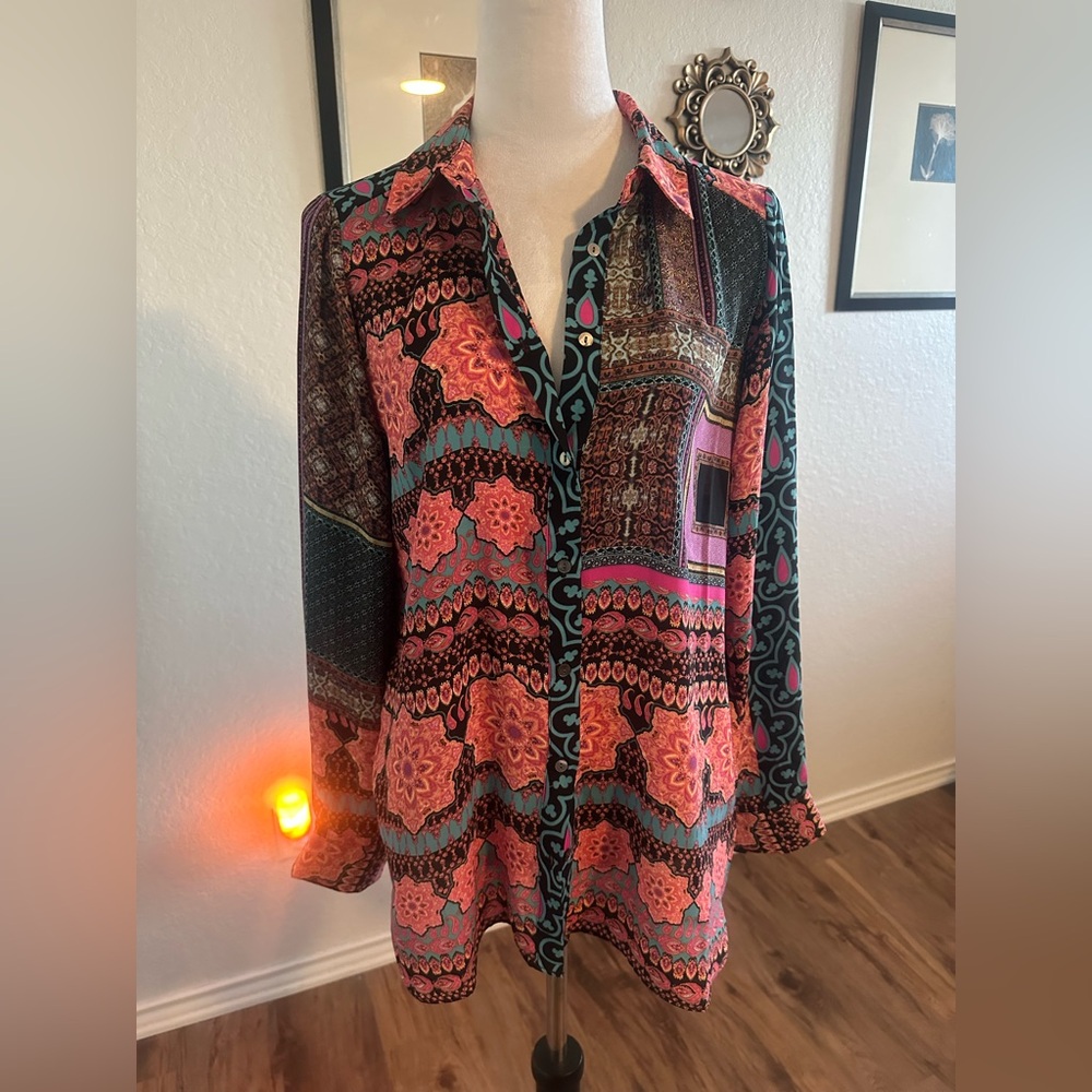 Rose & Olive Vibrant Pink and Teal Button Down Shirt